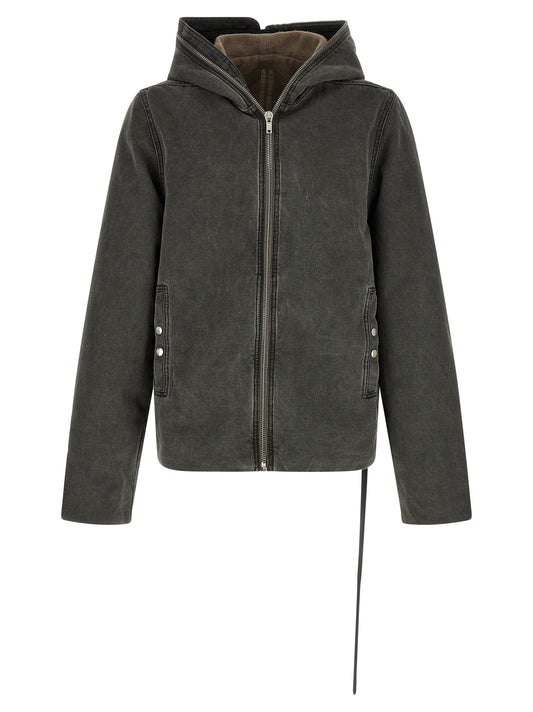 Hooded Overcoat by DRKSHDW for men in cotton canvas dark-gray, gray & signature features an voluminous silhouette, showcasing distinct pockets & hooded and a voluminous hooded neckline for a truly voluminous aesthetic.