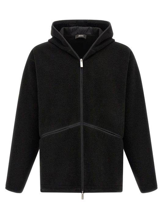 Hooded Windbreaker Jacket by LAMINAR for men in polyester black & silver presents a resilient silhouette, artfully detailed with a sophisticated hooded neckline and functional pockets, hooded & windproof for a resilient finish.