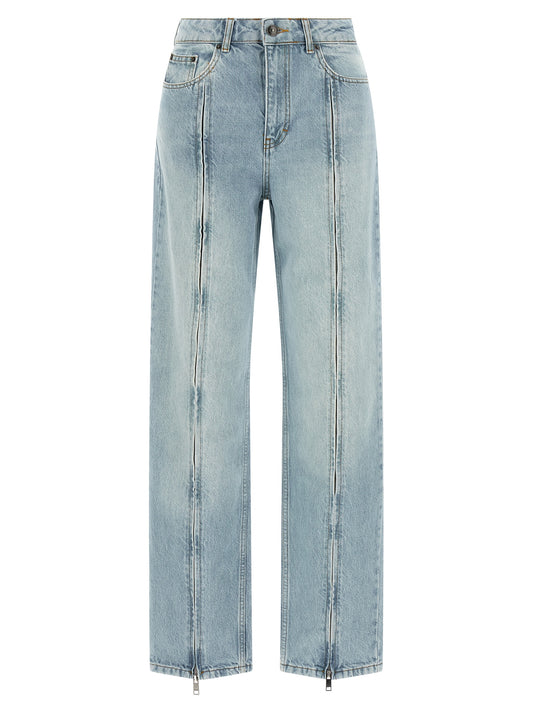 Jeans by ROTATE BIRGER CHRISTENSEN for women in organic cotton denim & leather light-blue presents a refined pantology silhouette, artfully defined by a refined pantology straight-leg, long, and a sophisticated .