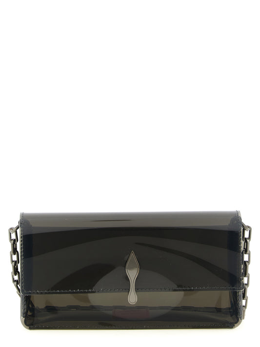 Evening Frame Clutch Handbag by Christian Louboutin for women in pvc black, red & signature features a sculptural silhouette with a secure magnetic, organized , and versatile shoulder-strap for a sculptural finish.