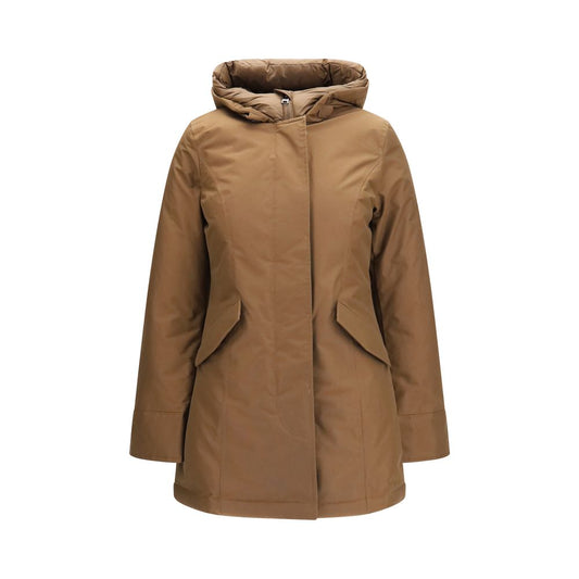 Hooded Parka by Woolrich for women in cotton goose down & nylon brown, presenting a cosy silhouette with distinctive pockets, hooded & insulated and a refined hooded neckline.