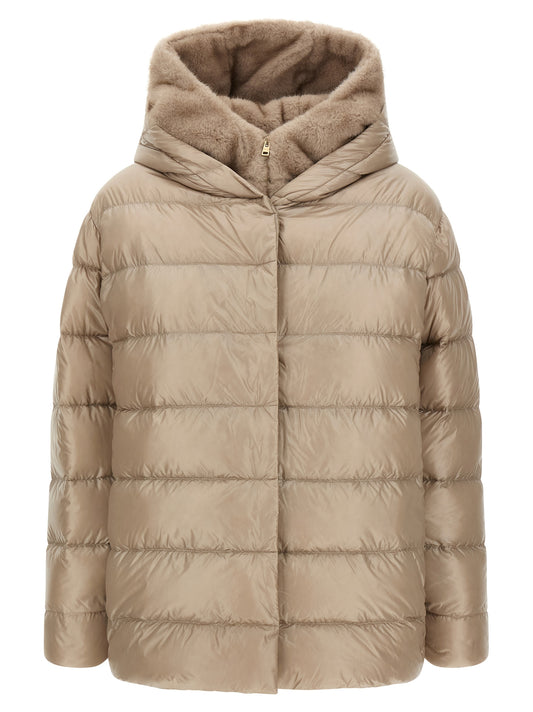Hooded Puffer Jacket by Herno for women in plush polyamide & metal beige & gold features a dramatic silhouette, showcasing a sophisticated hooded neckline and distinctive hooded & insulated for a dramatic aesthetic.