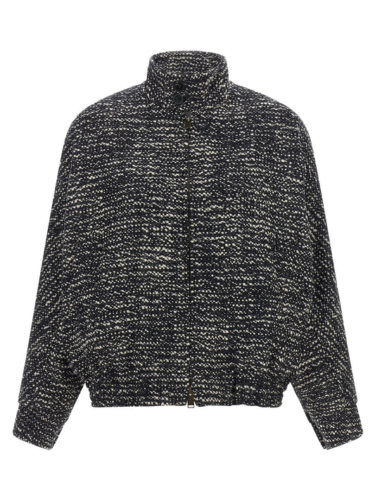 Bomber Jacket by Darkpark for women in polyester & virgin wool dark-blue & white features a dramatic silhouette, showcasing a sophisticated high-neck neckline and distinctive for a dramatic aesthetic.