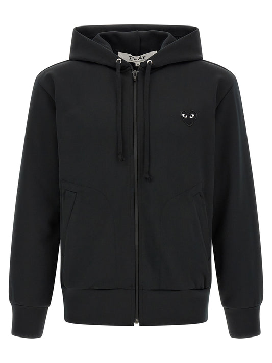 Hooded Cardigan by Comme Des Garçons Play for men in polyester black & print presents a textural silhouette, artfully finished with a textural hooded neckline and for a sophisticated, textural look.