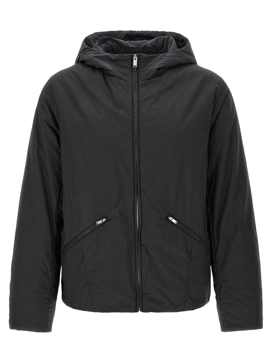 Hooded Overcoat by Undercover for men in cotton black, silver, white & print presents a luxurious silhouette, showcasing a luxurious hooded neckline and sophisticated pockets & hooded for a premium, luxurious look.