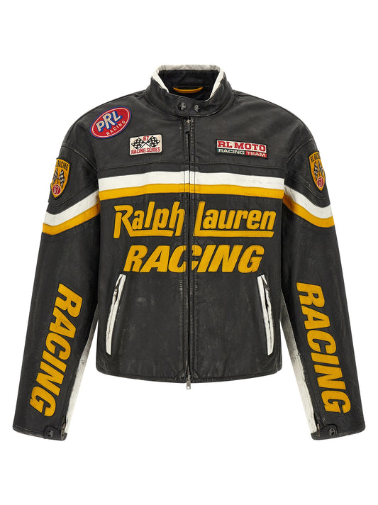 Jacket by Polo Ralph Lauren for men in bos taurus cowhide leather black & natural presents a impeccable silhouette, showcasing distinct pockets and a impeccable for a sophisticated finish.
