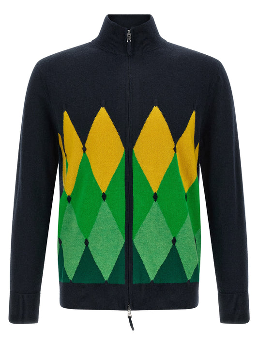 Cardigan by Ballantyne for men in cashmere green, navy & yellow features an impeccable silhouette, showcasing a sophisticated high-neck neckline and detail for a truly impeccable finish.