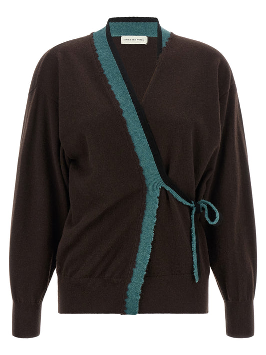 Cardigan by Dries Van Noten for women in cashmere black, brown, green & teal showcases a captivating silhouette, artfully detailed with a captivating and for a truly sophisticated captivating look.
