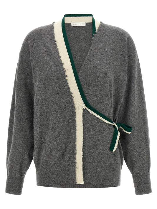 Cardigan by Dries Van Noten for women in cashmere & lace cream, dark-green & gray features an impeccable silhouette, showcasing a sophisticated v-neck neckline and detail for a truly impeccable finish.