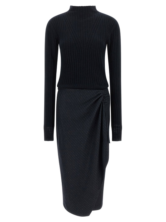 Dress by PINKO for women in acrylic fiber polyester & wool blue, patterned & pinstripe features an sultry silhouette defined by a wrap neckline and , falling to an sultry midi for a sultry look.