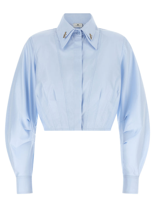 Blouse by Elisabetta Franchi for women in cotton gold & light-blue showcases a sleek silhouette, elegantly detailed with a sleek and long-sleeve for a sleek finish.