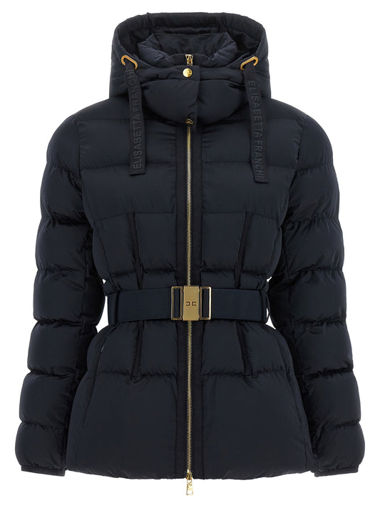 Hooded Puffer Jacket by Elisabetta Franchi for women in polyester black, gold & monogram features a city-ready silhouette, detailed with hooded & insulated and a city-ready hooded high-neck neckline.