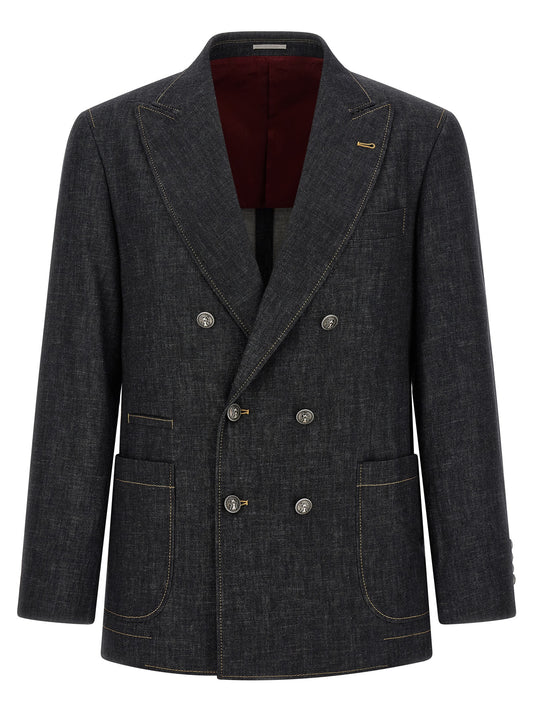 Blazer by Brunello Cucinelli for men in denim cotton blue & signature showcases a discerning silhouette, elegantly detailed with a sophisticated and premium for a truly discerning finish.