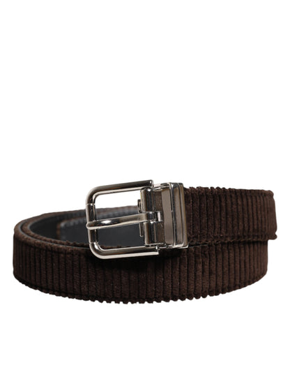 Dolce & Gabbana Men Brown Velvet Ridged Silver Buckle Belt