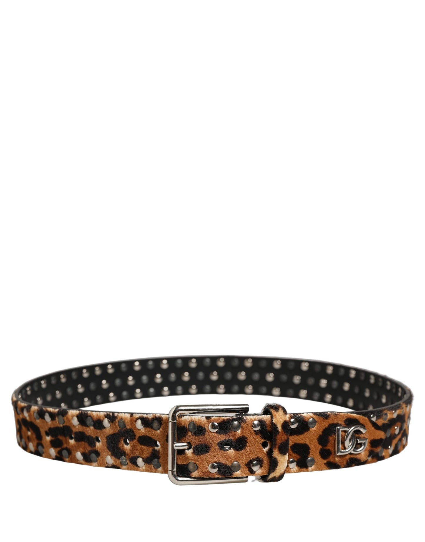 Dolce & Gabbana Brown Leopard Calf Hair Studs Metal Buckle Belt