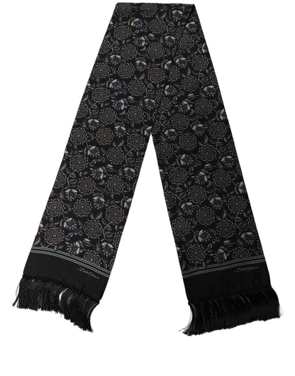 Dolce & Gabbana Black Silk Floral Paisley Fringed Shawl Scarf