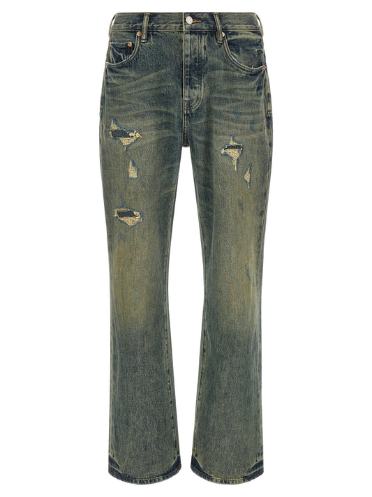 Jeans by PURPLE for men in denim cotton blue, indigo, purple, red & print features a refined silhouette with a refined bootcut, defined by a and a refined long for a refined finish.