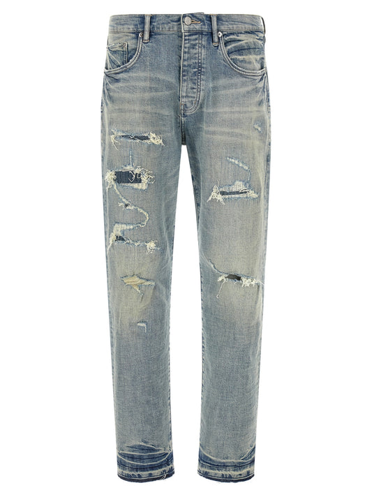 Jeans by PURPLE for men in denim cotton leather & lycra light-blue, purple & white presents a tailored silhouette, showcasing a tailored tapered-leg and long cut with a refined mid rise for a truly tailored aesthetic.