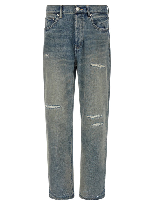 Jeans by PURPLE for men in cotton denim gray, indigo, purple & white presents a refined pantology silhouette, artfully defined by a refined pantology straight-leg, long, and a sophisticated mid rise.