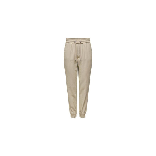 Trousers by Only for women in polyester & viscose beige presents a perennial silhouette, meticulously tailored with a relaxed-fit cut, long finish, and an elegant .