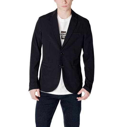 Blazer by Armani Exchange for men in cotton black showcases a polished silhouette, highlighted by a refined round neckline and polished for a sophisticated finish.
