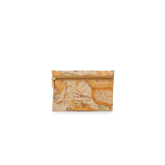 Small Evening Quilted Pouch Clutch Handbag by Alviero Martini Prima Classe for women in polyester polyurethane leather & cotton beige & gold features an sculptural silhouette, showcasing a secure zipper and sculptural with versatile for a sophisticated look.