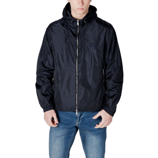 Hooded Windbreaker Jacket by Armani Exchange for men in polyamide blue showcases a modern silhouette, integrating lightweight, pockets, hooded & windproof and a modern hooded neckline for a sophisticated finish.