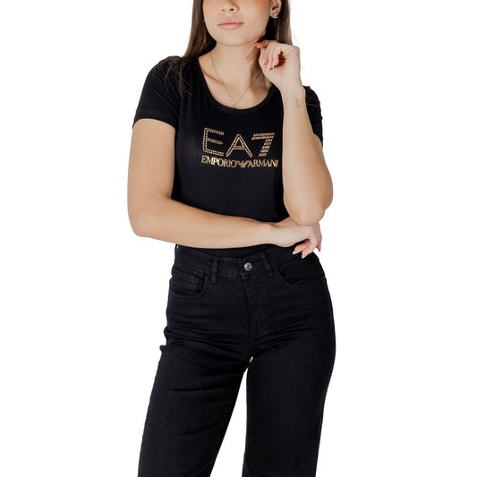 T-Shirt by EA7 Emporio Armani for women in stretch cotton & modal bicolour showcases a unassuming silhouette, artfully detailed with a refined and unassuming for a sophisticated, contemporary look.