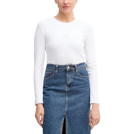T-Shirt by Calvin Klein Jeans for women in stretch cotton white & monogram features an on trend silhouette, perfectly showcasing a on trend long-sleeve and crew neckline for an elevated aesthetic.