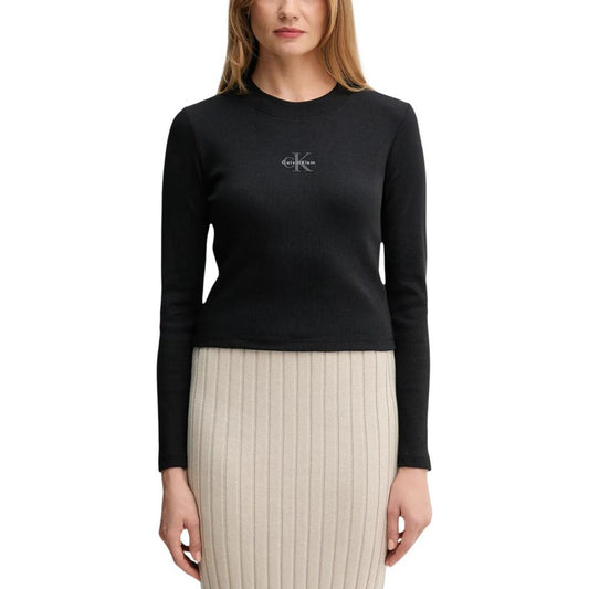 T-Shirt by Calvin Klein Jeans for women in stretch cotton black & monogram showcases a unassuming silhouette, artfully detailed with a refined crew neckline and unassuming long-sleeve for a sophisticated, contemporary look.