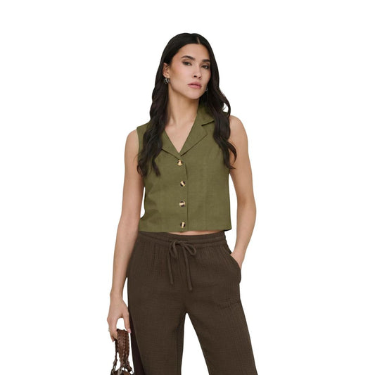 Vest by Jacqueline De Yong for women in linen viscose & cotton green features a stylish silhouette, showcasing distinct lightweight and a refined v-neck neckline for a truly stylish finish.