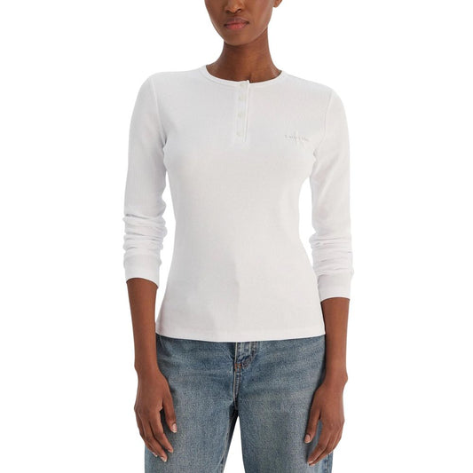 T-Shirt by Calvin Klein Jeans for women in stretch cotton white showcases a chic silhouette, artfully detailed with a chic round neckline and long-sleeve for a chic finish.