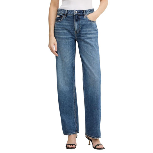 Jeans by Calvin Klein Jeans for women in denim cotton blue presents a tailored silhouette, showcasing a tailored straight-leg, relaxed-fit, regular-fit & mom and long cut with a refined high rise for a truly tailored aesthetic.