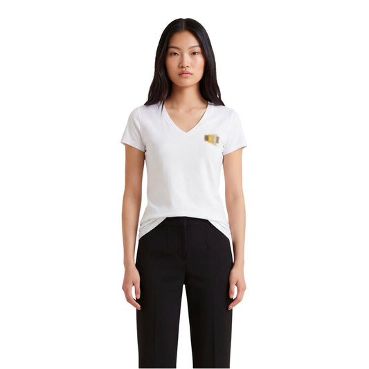 T-Shirt by Armani Exchange for women in denim cotton gold & white showcases a unassuming silhouette, artfully detailed with a refined v-neck neckline and unassuming for a sophisticated, contemporary look.