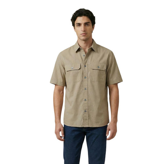 Shirt by Armani Exchange for men in cotton beige features an architectural silhouette with a refined short-sleeve and elegant for a architectural look.