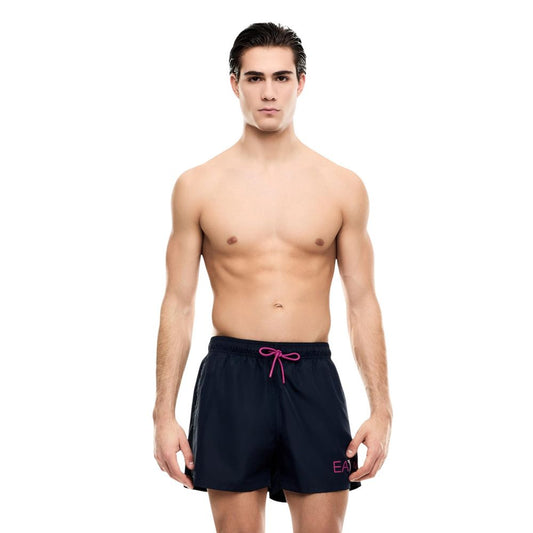 Swim Shorts by EA7 Emporio Armani for men in polyester and blue showcases a sinuous silhouette, expertly cut for a sinuous fit as part of the Men's Polyester Swim Shorts collection.