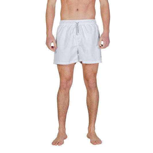 Swim Shorts by EA7 Emporio Armani for men in polyester bicolour & print presents a beach chic silhouette from the Men's Polyester Swim Shorts collection, showcasing a beach chic cut for a refined poolside look.