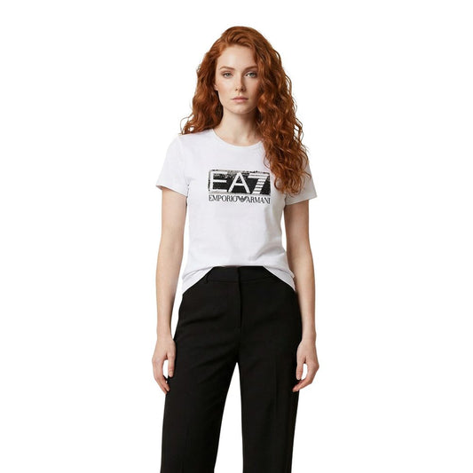 T-Shirt by EA7 Emporio Armani for women in stretch cotton white & print features an on trend silhouette, perfectly showcasing a on trend and crew neckline for an elevated aesthetic.