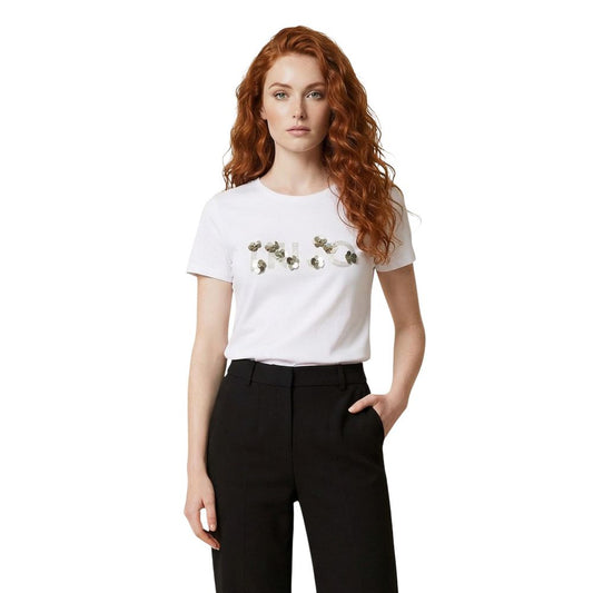 T-Shirt by Liu Jo for women in cotton rhinestone & sequins cream showcases a chic silhouette, artfully detailed with a chic and for a chic finish.