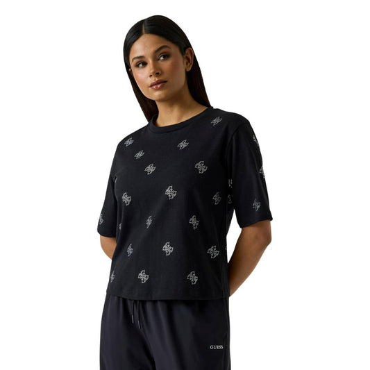 T-Shirt by Guess Active for women in cotton & rhinestone black & natural features a plush silhouette, showcasing a sophisticated crew neckline and short-sleeve for a truly plush finish.