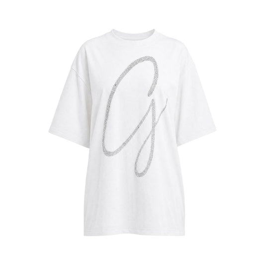 T-Shirt by Guess for women in denim cotton white showcases a fashionable silhouette, elegantly detailed with a fashionable and crew neckline for a sophisticated, high-fashion look.