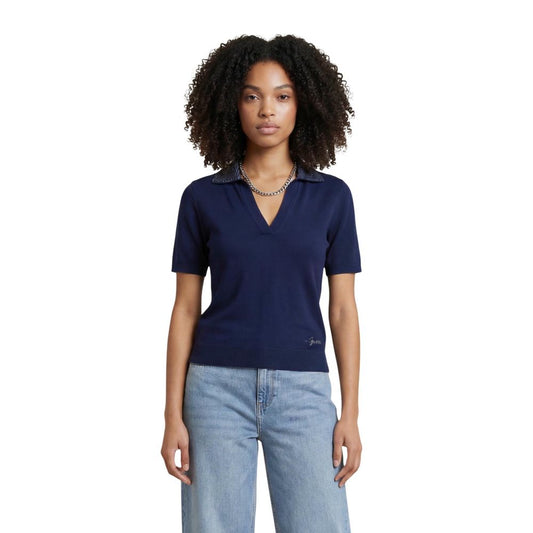 Polo Shirt by Guess for women in wool denim & rhinestone blue, natural & signature presents a sleek silhouette, featuring a refined v-neck neckline and for a sleek finish.