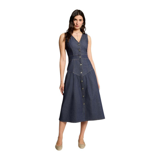 Dress by Morgan De Toi for women in stretch polyester cotton blue features an magnificent silhouette, artfully detailed with a magnificent v-neck neckline and sleeveless that flows into an magnificent long.