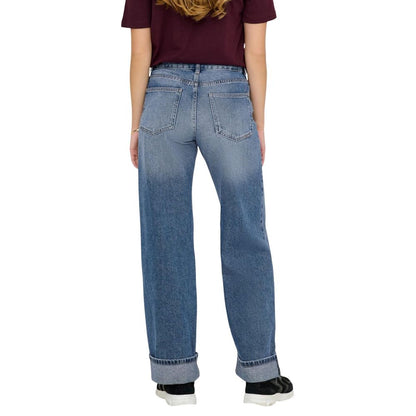 Only Women's Relaxed Fit Wide Mid Rise Denim Cotton Jeans - Blue Natural