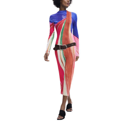 Desigual Women's Long-Sleeve Stretch Polyester Midi Long Dress - Purple Signature Print