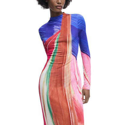 Desigual Women's Long-Sleeve Stretch Polyester Midi Long Dress - Purple Signature Print