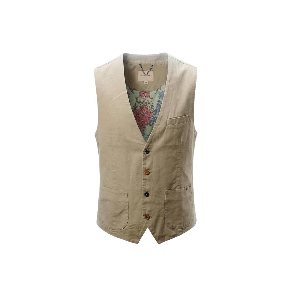 Gianni Lupo Men's V Neck Cotton Vest - Beige Multicolor