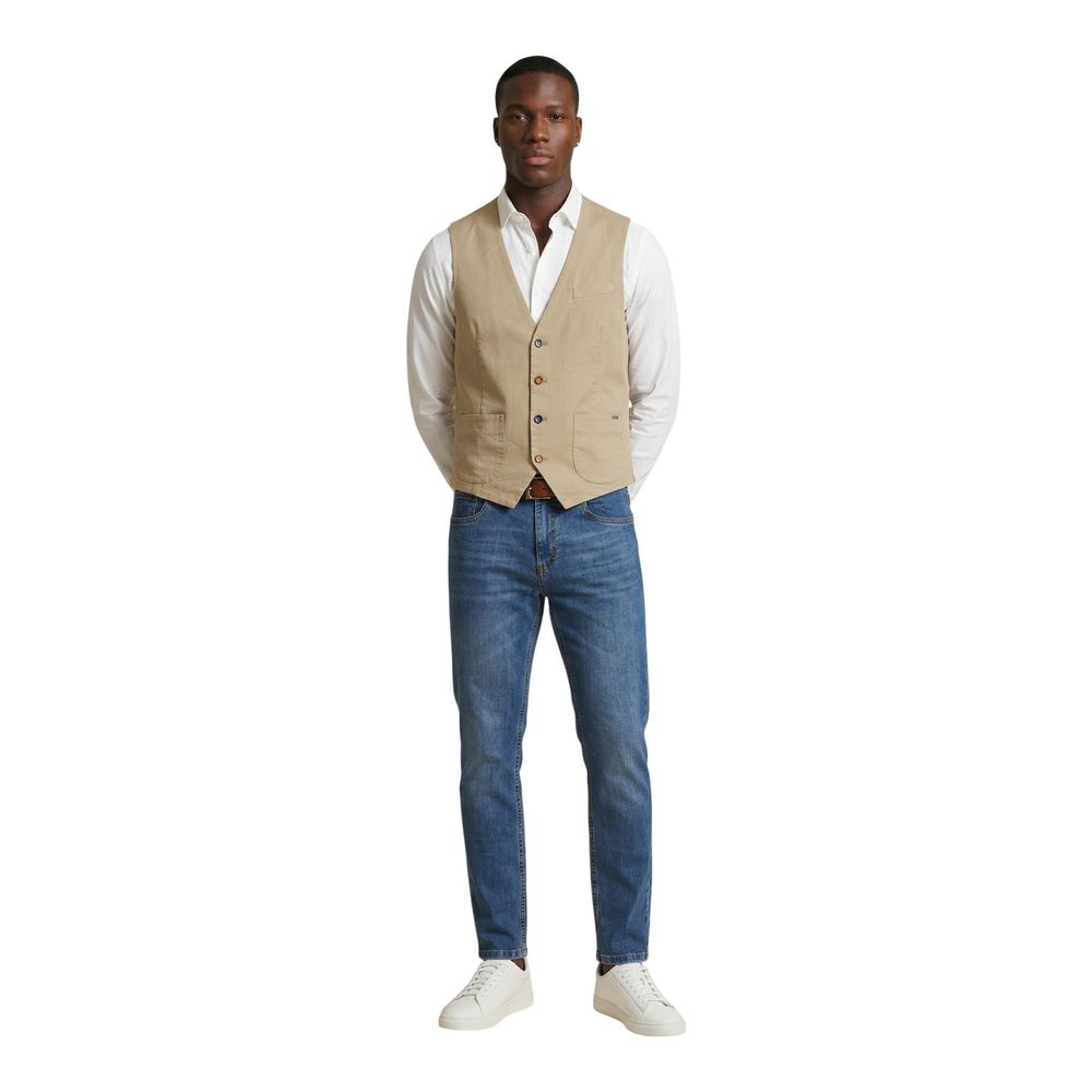 Gianni Lupo Men's V Neck Cotton Vest - Beige Multicolor