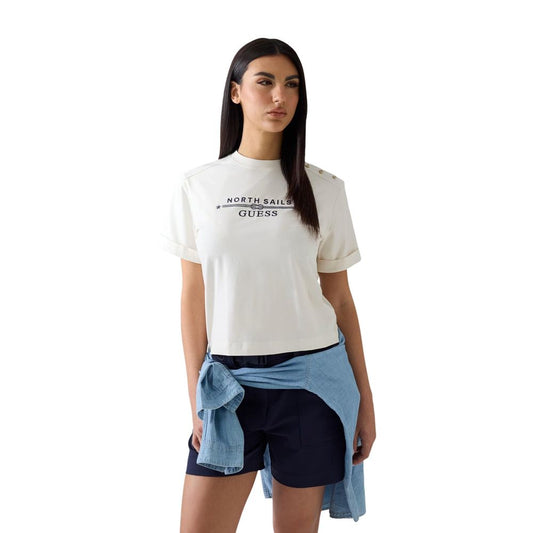 T-Shirt by Guess for women in stretch cotton cream showcases a fashionable silhouette, elegantly detailed with a fashionable and crew neckline for a sophisticated, high-fashion look.