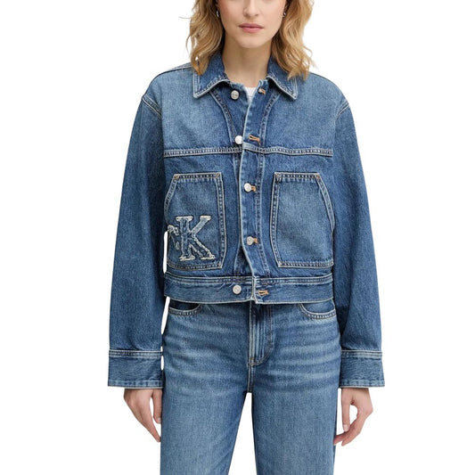 Trucker Jacket by Calvin Klein Jeans for women in denim cotton blue, natural & signature features an contemporary silhouette, showcasing a sophisticated and contemporary pockets for a truly refined look.